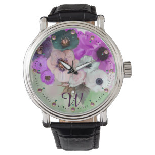 RELOJ DE PULSERA ROSAS VERDES BLANCOS, ANEMONA FLORECE MONOGRAMA
