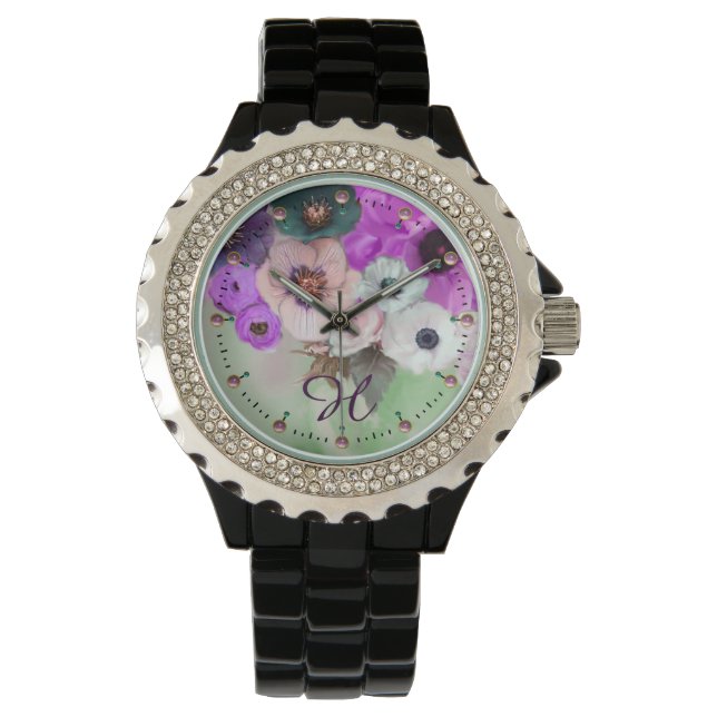 RELOJ DE PULSERA ROSAS VERDES BLANCOS, ANEMONA FLORECE MONOGRAMA (Anverso)
