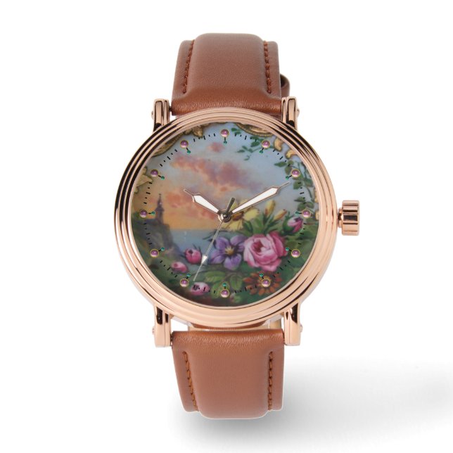 Reloj De Pulsera Rosas Y FLORES DE VINTAJE CON PAISAJE (Anverso)