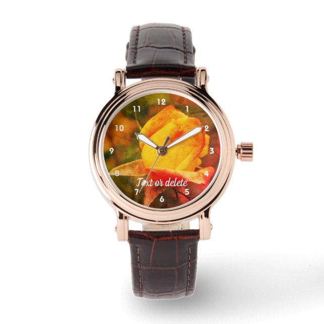 Reloj De Pulsera Rosebud Amarillo Con Resúmenes Rojos Destacados (Anverso)