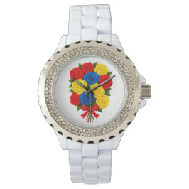 Reloj De Pulsera Roses Bouquet Women Rhinestone White Enamel Watch