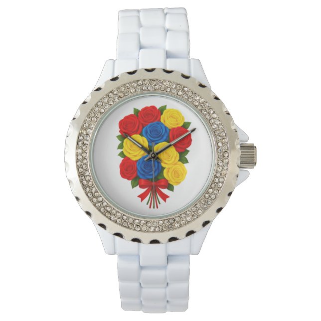 Reloj De Pulsera Roses Bouquet Women Rhinestone White Enamel Watch (Anverso)