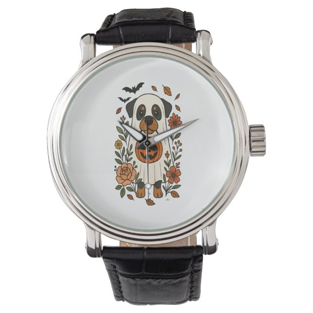 Reloj De Pulsera Rottweiler de Halloween con flores (Anverso)