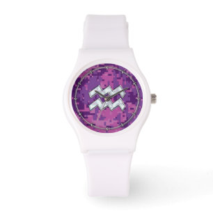 Reloj De Pulsera Rótulo Aquarius Zodiac en camuflaje digital rosado