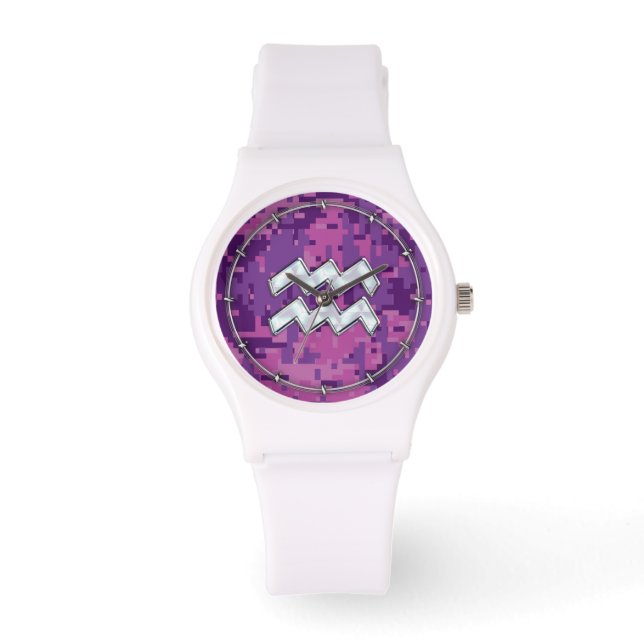 Reloj De Pulsera Rótulo Aquarius Zodiac en camuflaje digital rosado (Anverso)