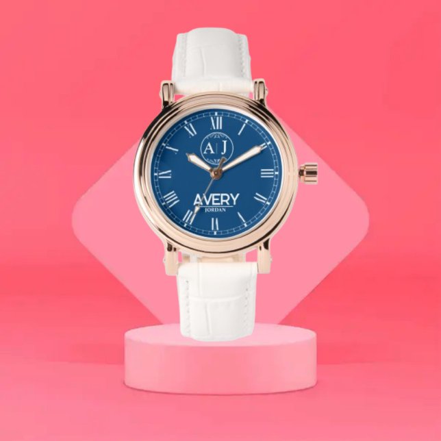 Reloj De Pulsera Royal Blue White Leather Custom Monogram Classic  (Subido por el creador)