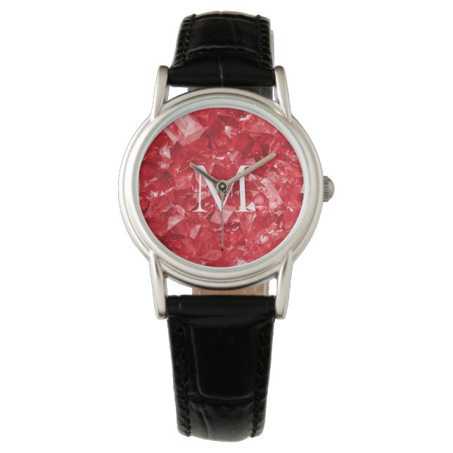 Reloj De Pulsera Ruby Birthstone Monograma Nombre personalizado (Anverso)