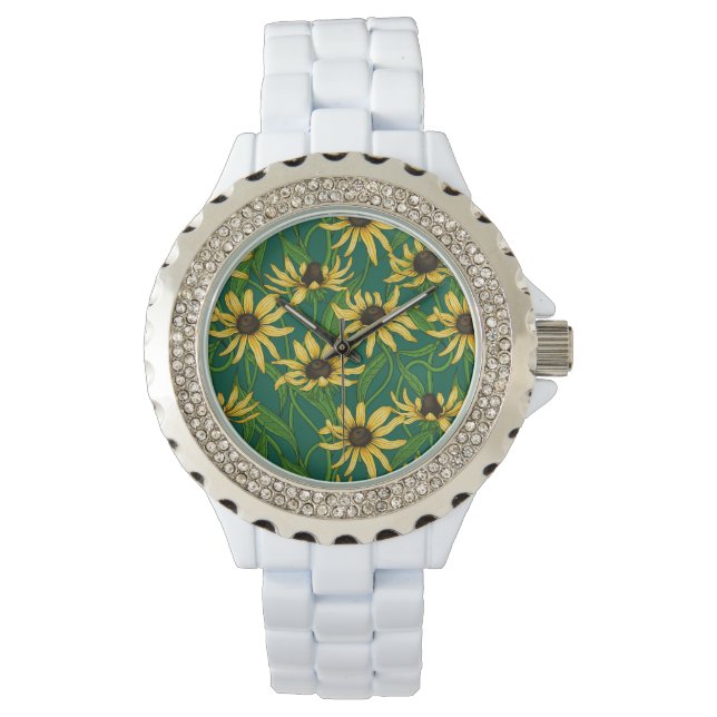 Reloj De Pulsera Rudbekia amarilla en verde oscuro (Anverso)