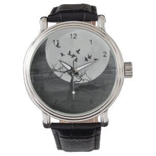 Reloj De Pulsera Ruidos espeluznantes volando contra la luna llena