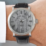Reloj De Pulsera Rústico Nombre Personalizado De Madera Gris Granja<br><div class="desc">Crea tu propio reloj personalizado con tu nombre personalizado sobre un fondo de madera de estilo rústico de granja. Puede agregar fácilmente más texto o imágenes,  fuentes personalizares y fondo.</div>