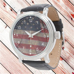 Reloj De Pulsera Rústico Patriótico Rojo Blanco Azul Ruso Segmento<br><div class="desc">Esta cara de reloj patriótico está diseñada con un segmento de mi fotografía de un segmento ondulado de una bandera de Estados Unidos sobre un rústico trozo de madera rajada. El diseño incluye números blancos y elementos de anillo exterior.</div>