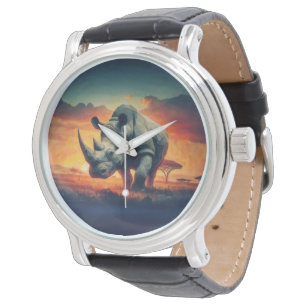 Reloj De Pulsera Safari de puesta de sol con rinoceronte