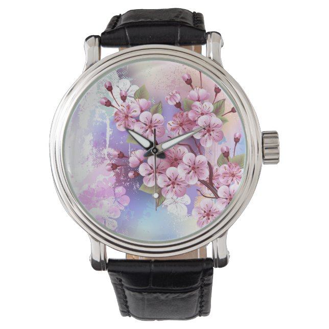 Reloj De Pulsera Sakura rosa sobre fondo de pintura (Anverso)