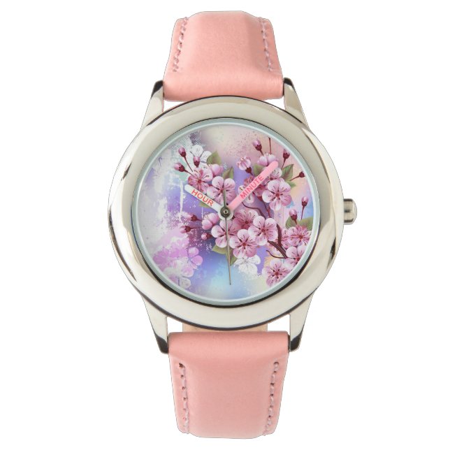 Reloj De Pulsera Sakura rosa sobre fondo de pintura (Anverso)