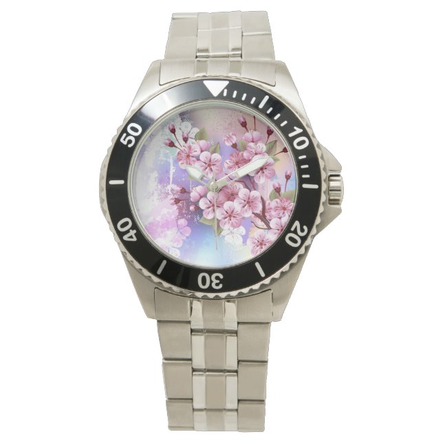 Reloj De Pulsera Sakura rosa sobre fondo de pintura (Anverso)