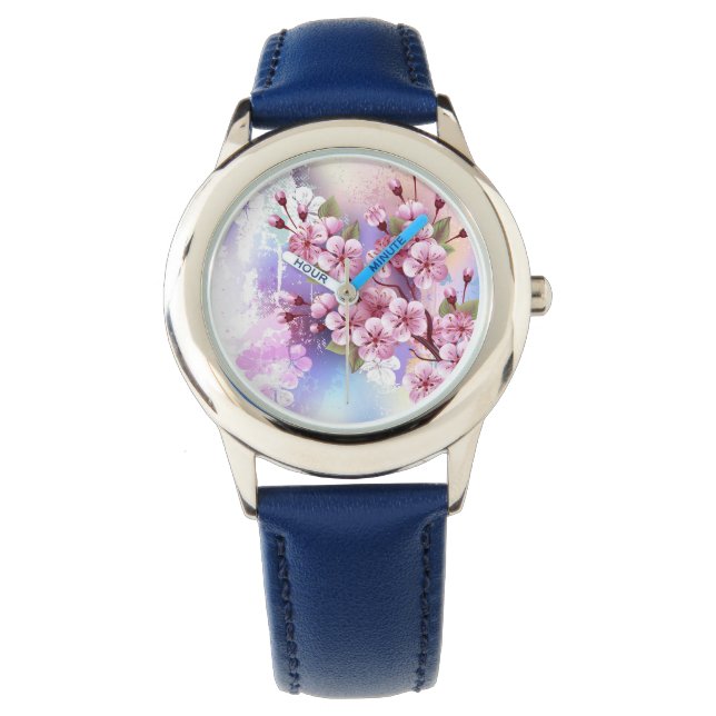 Reloj De Pulsera Sakura rosa sobre fondo de pintura (Anverso)