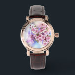 Reloj De Pulsera Sakura rosa sobre fondo de pintura<br><div class="desc">Dibujado artísticamente,  rama de rosa,  flores de cerezo sobre fondo pintoresco,  texturizado,  pintado con pintura blanca,  rosa y azul. Pink Sakura</div>