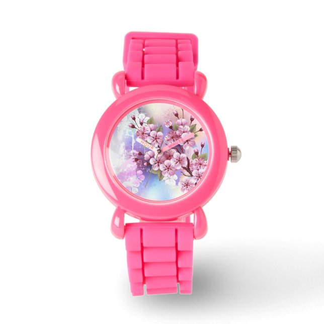Reloj De Pulsera Sakura rosa sobre fondo de pintura (Anverso)