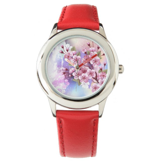 Reloj De Pulsera Sakura rosa sobre fondo de pintura (Anverso)
