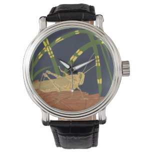 Reloj De Pulsera Saltamontes en hierba verde en fondo azul