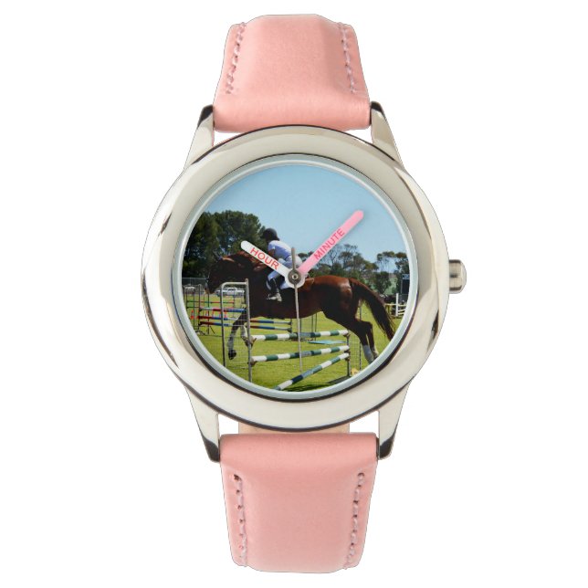 Reloj De Pulsera Salto de obstáculos con caballo marrón, (Anverso)
