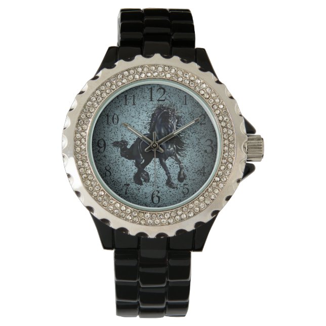 Reloj De Pulsera Salto de plata negro de estallión frisón (Anverso)