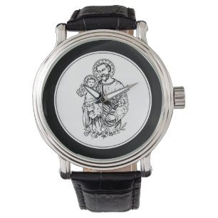Reloj De Pulsera San José reza por nosotros Negro, Blanco, Católico