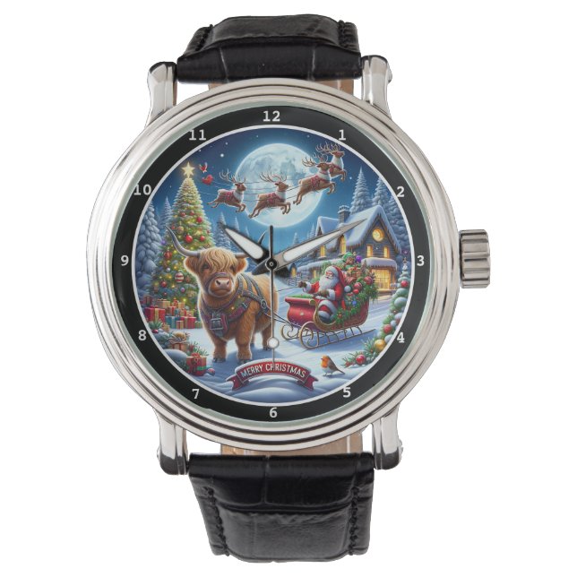 Reloj De Pulsera Santa and Highland Cow Sleigh (Anverso)