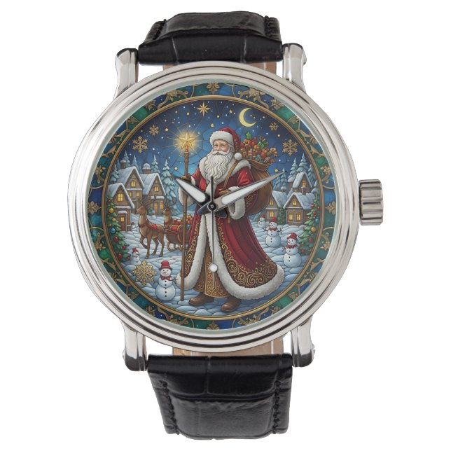 Reloj De Pulsera Santa Claus Stained Glass Holiday Scene (Anverso)