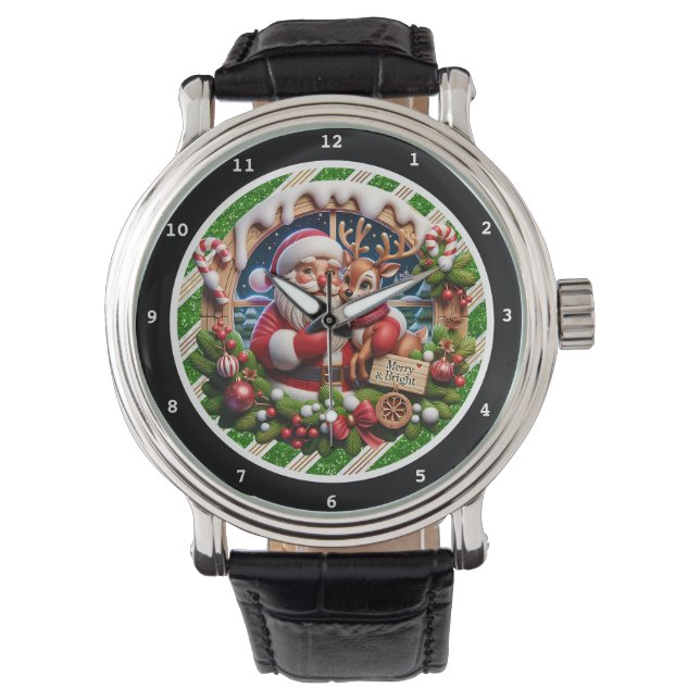 Reloj De Pulsera Santa Navidad y Reno Brillante  (Anverso)