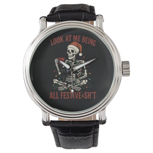 Reloj De Pulsera Santa Skeleton with Cat Holiday Snark (Anverso)