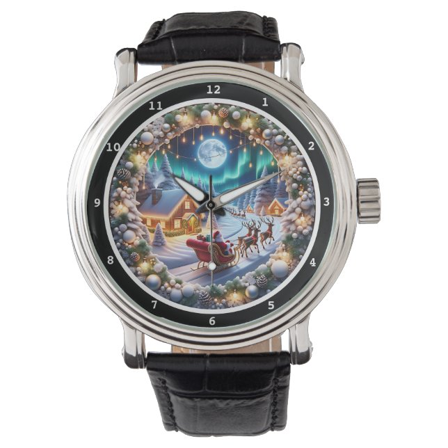 Reloj De Pulsera Santa Sleigh Over Snowy Village  (Anverso)