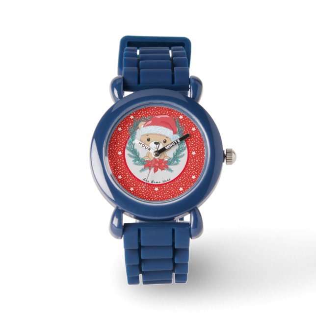 Reloj De Pulsera Santa Teddy Estrellas Rojas y Blancas Feliz Navida (Anverso)