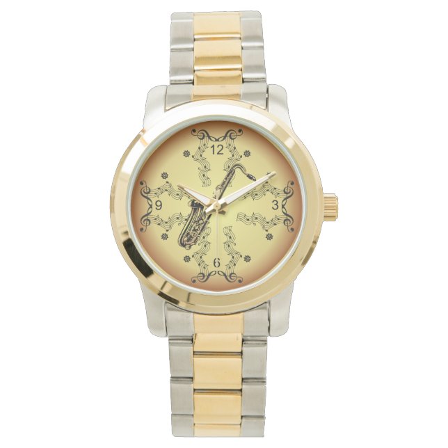 Reloj De Pulsera Saxofón ~ Desplazamiento musical ~ Fondo dorado ~ (Anverso)
