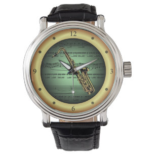 Reloj De Pulsera Saxofón ~ Hoja Música ~ Fondo Verde/Oro ~