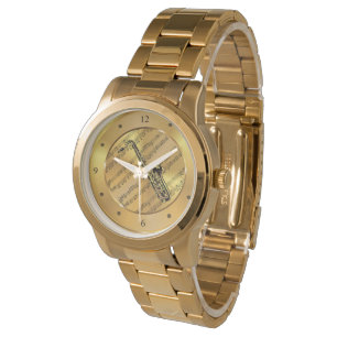 Reloj De Pulsera Saxofón ~ Partitura ~ Fondo Dorado ~ Único
