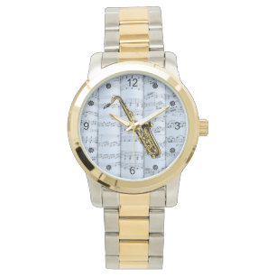 Reloj De Pulsera Saxofón~Rolling Sheet Music~Blue Tint Background