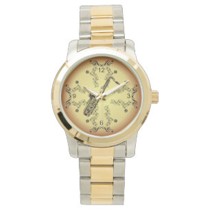 Reloj De Pulsera Saxofón ~ Traslado musical ~ Fondo de oro ~