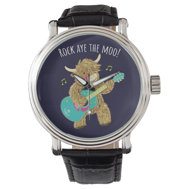 Reloj De Pulsera Scottish Highland Cow Guitarist Rock Aye The Moo!  (Anverso)