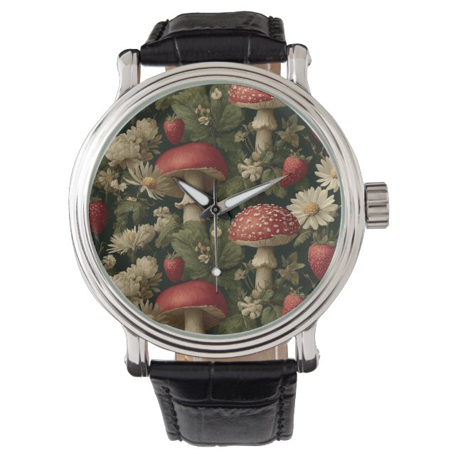 Reloj De Pulsera Seamless Pattern with Red Fly Agaric and Flowers (Anverso)
