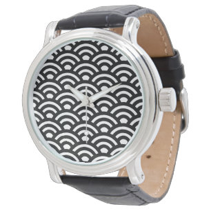 Reloj De Pulsera Seigaiha, olas, japonés, blanco y negro