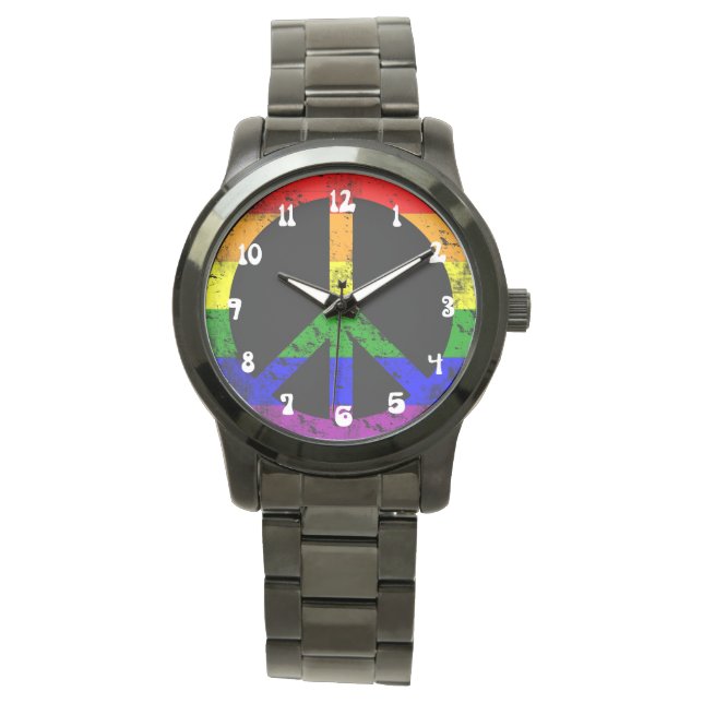 Reloj De Pulsera Señal de paz con la bandera arco iris angustiada (Anverso)