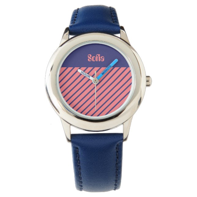 Reloj De Pulsera Sencilla modernidad Midnight Blue Light Coral Stri (Anverso)