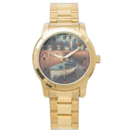 Reloj De Pulsera Serenidad costera: Faro y bote de remos