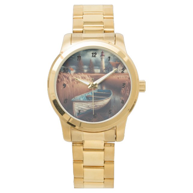 Reloj De Pulsera Serenidad costera: Faro y bote de remos (Anverso)