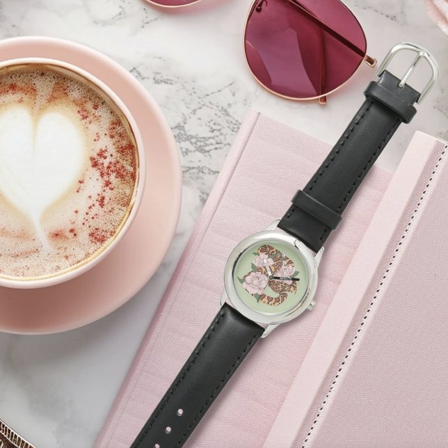 Reloj De Pulsera Serpiente de maíz Rosa Flores verdes (Subido por el creador)