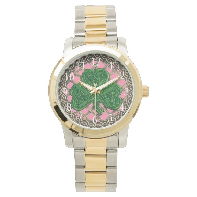 Reloj De Pulsera Shamrock rosa en nudos celtas mira (Anverso)