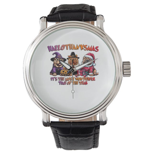 Reloj De Pulsera Shar Pei Halloween Navidades de Acción de Gracias  (Anverso)