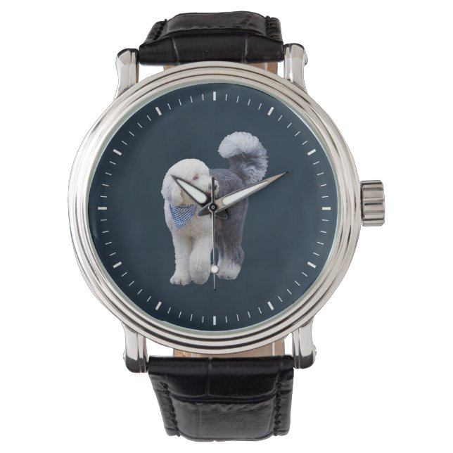 Reloj De Pulsera Sheepadoodle con bufanda azul a cuadros (Anverso)