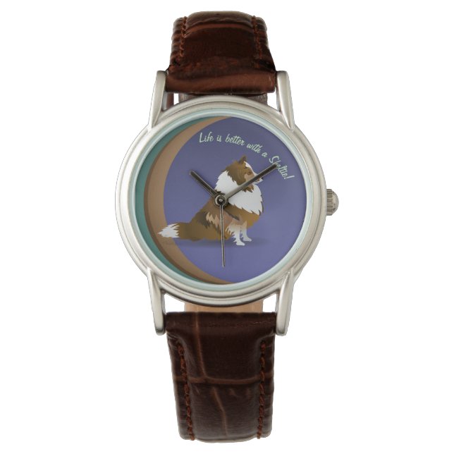 Reloj De Pulsera Sheltie, Sable on Purple, Green Circles Watch (Anverso)
